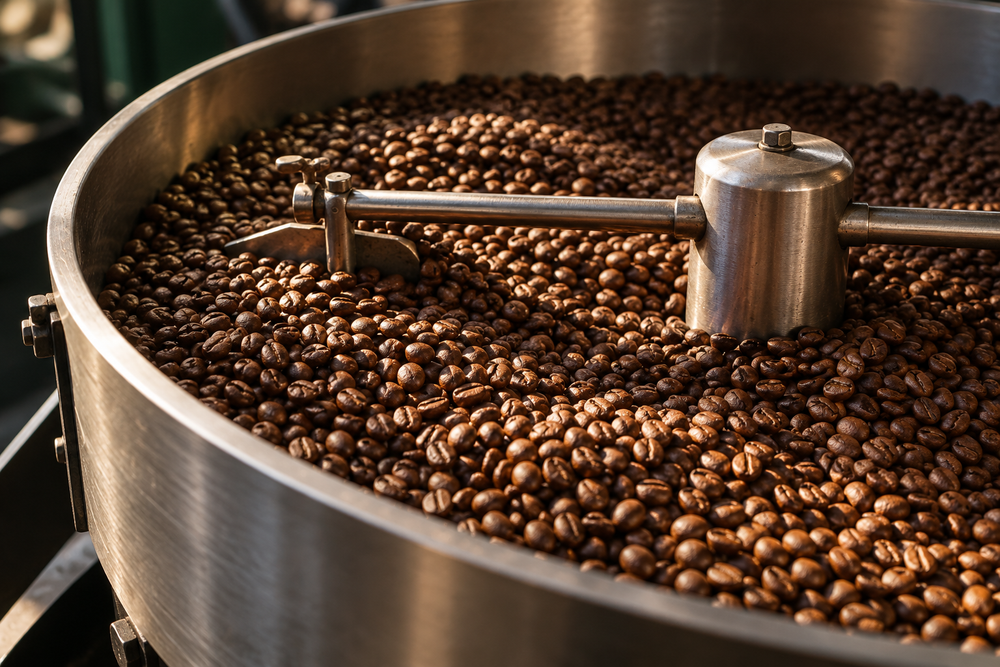 Grains de café dans un refroidisseur de torréfaction — visuel d’ambiance