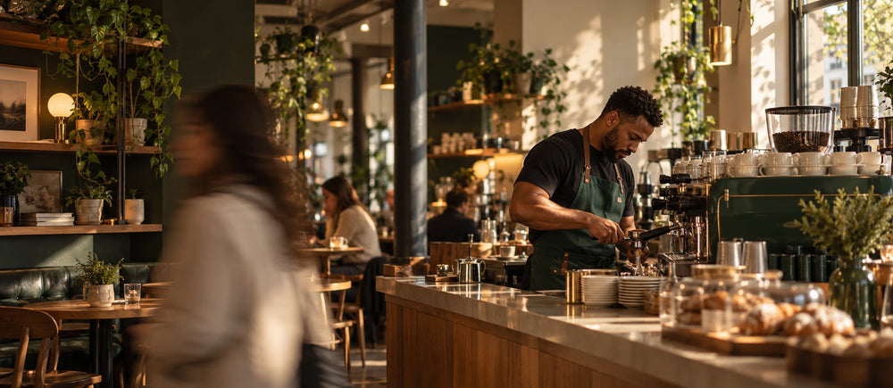Un barista prépare le service au comptoir — scène illustrative