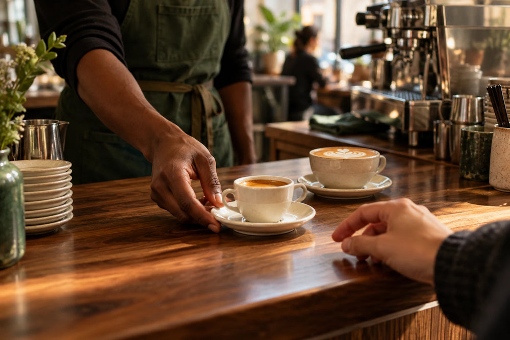 Scène de service d’un espresso au comptoir — visuel d’ambiance